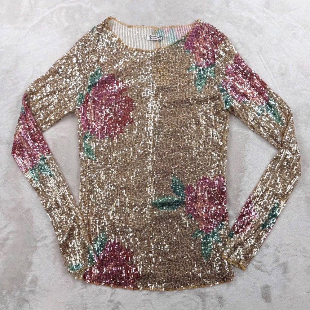 Free People Intimately Sequin Floral Long Sleeve Top Champagne Gold Rose M NEW